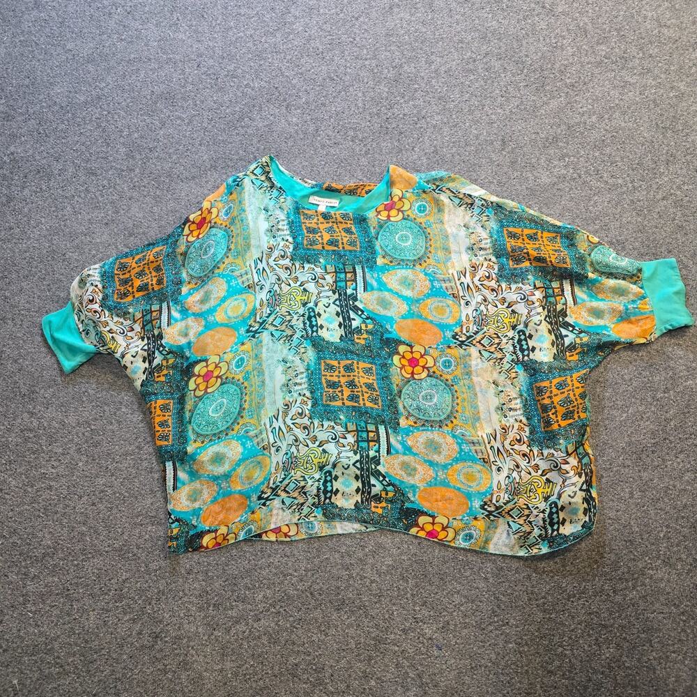 Tempo Paris Top Womens Size Small Green Patchwork Silk Short Sleeve Sheer Lined